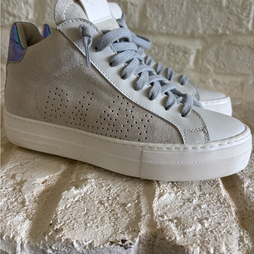 P448 Women's Light Gray and White Suede & Leather Sneakers with Iridescent Heel